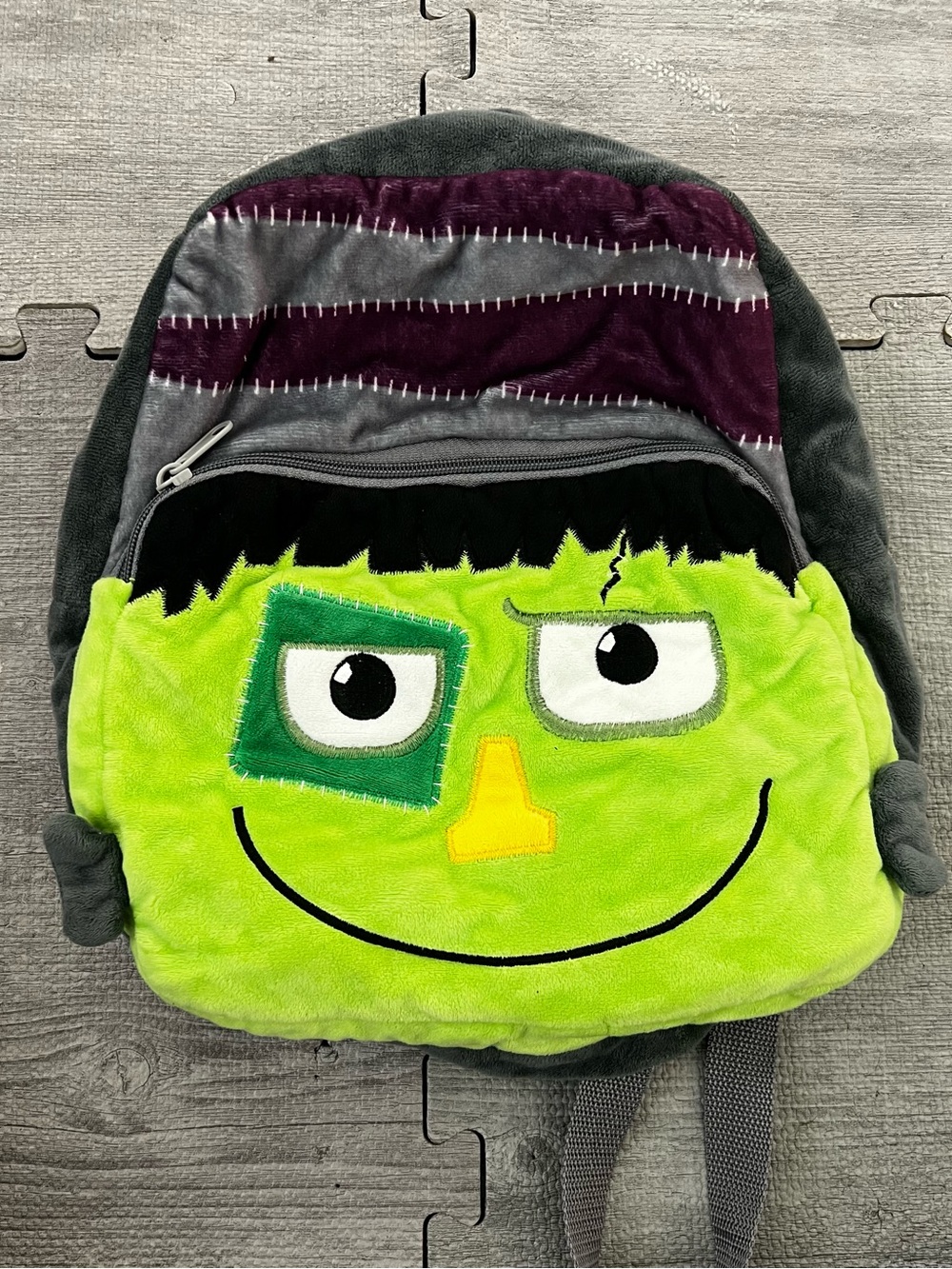 Frankenstein Plush Small Backpack Green Gray Adjustable Strap Zip Closure